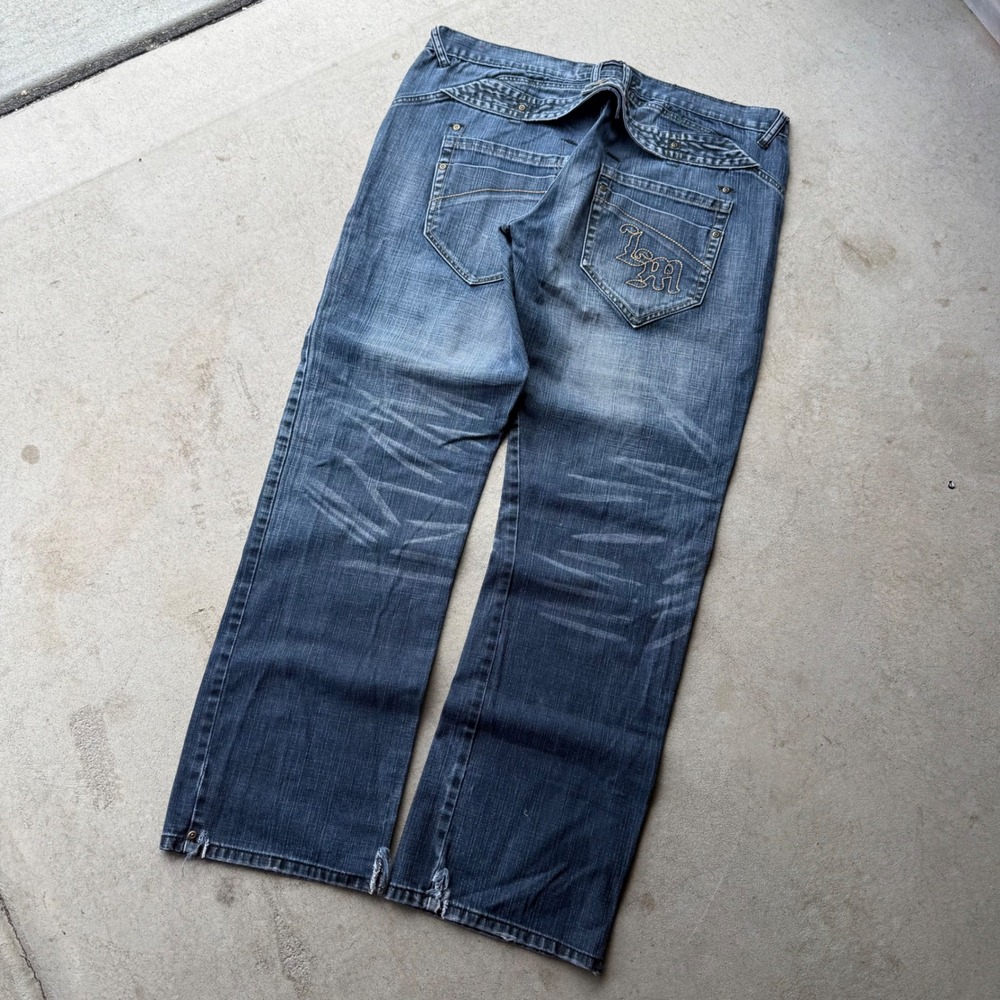 Y2K Mens Live Mechanics Baggy Streetwear Embroidered Distress Blue Jeans 38 x 32